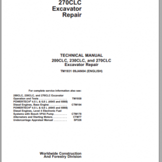 John Deere 200CLC, 230CLC And 270CLC Excavator Repair Manual