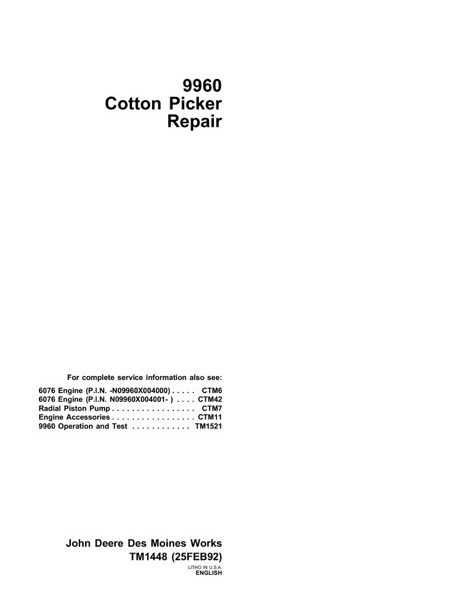 John Deere 9960 Cotton Picker Technical Manual