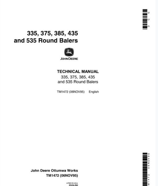 John Deere 335, 375, 385, 435, 535 Round Balers Technical Manual