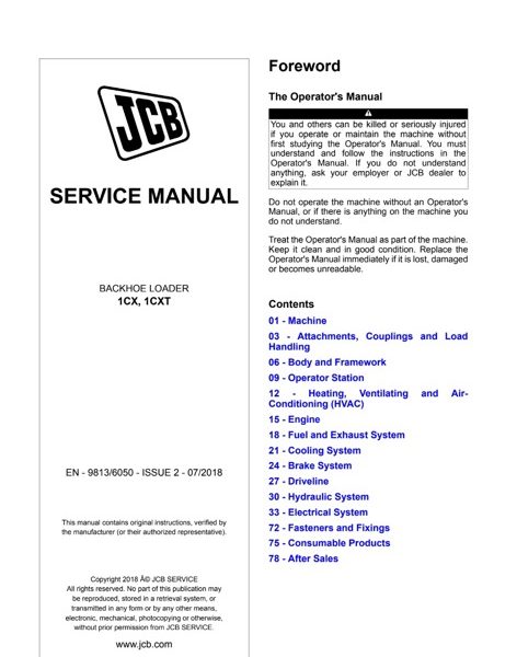 JCB 1CX, 1CXT Backhoe Loader Service Manual