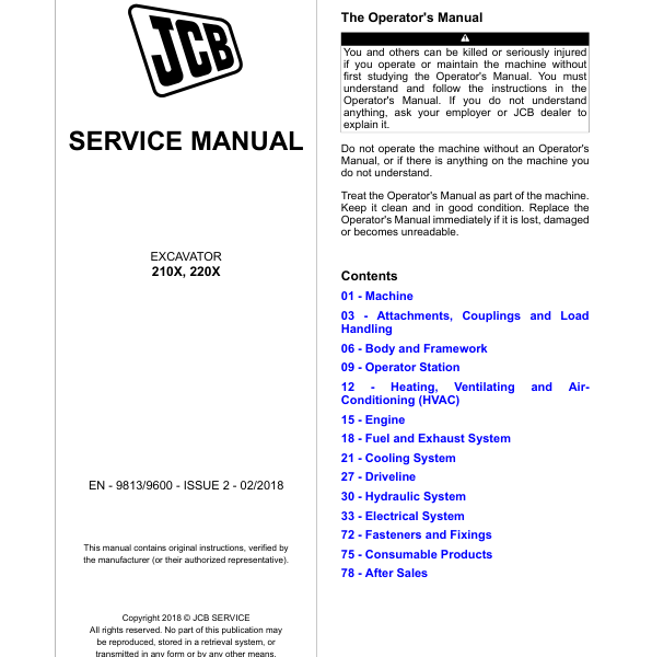 JCB 210X , 220X Excavator Service Manual