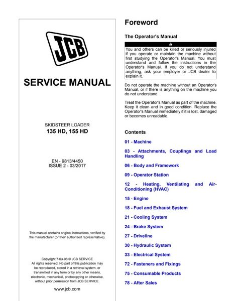 JCB 135 HD, 155 HD Skid Steer Loader Service Manual