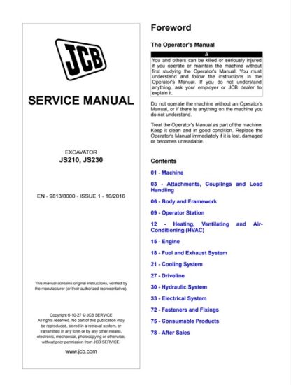 JCB JS210, JS230 Excavator Service Manual