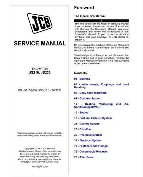 JCB JS210, JS230 Excavator Service Manual