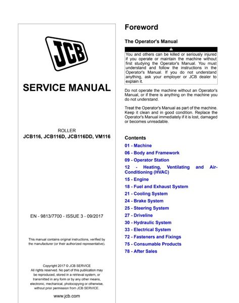 JCB JCB116, JCB116D, JCB116DD, VM116 ROLLER Service Manual